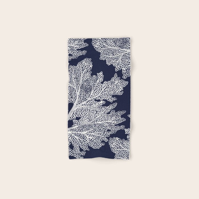 Sea Fan Coral - White on Navy Bath Towel Gallery Image 1