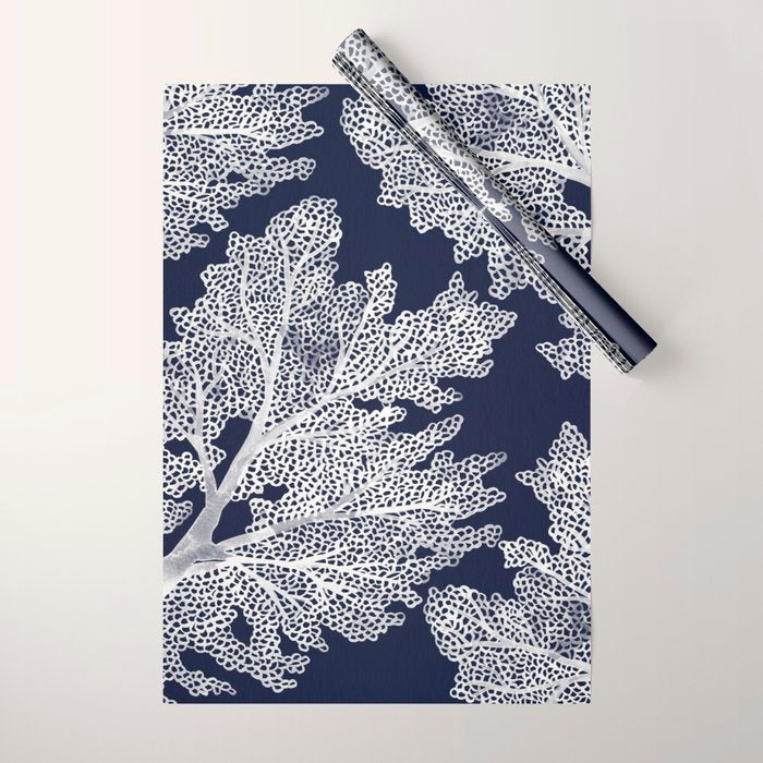 Sea Fan Coral - White on Navy Wrapping Paper Gallery Image 1