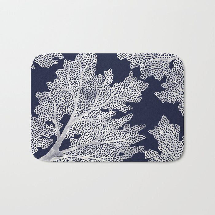 Sea Fan Coral - White on Navy Bath Mat Gallery Image 1