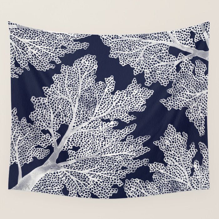 Sea Fan Coral - White on Navy Wall Tapestry Gallery Image 4