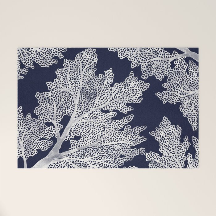 Sea Fan Coral - White on Navy Welcome Mat Gallery Image 1