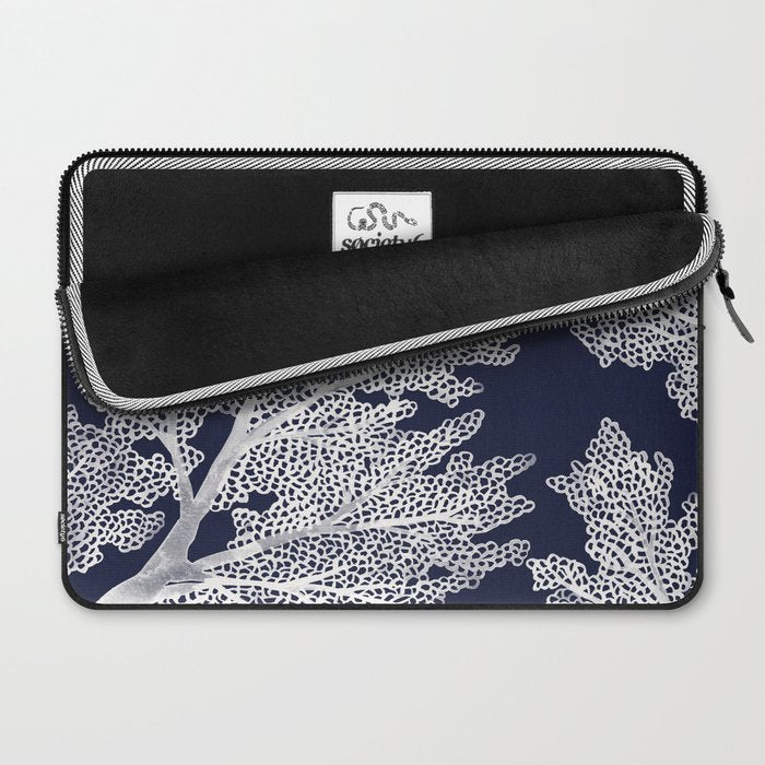 Sea Fan Coral - White on Navy Laptop Sleeve Gallery Image 2