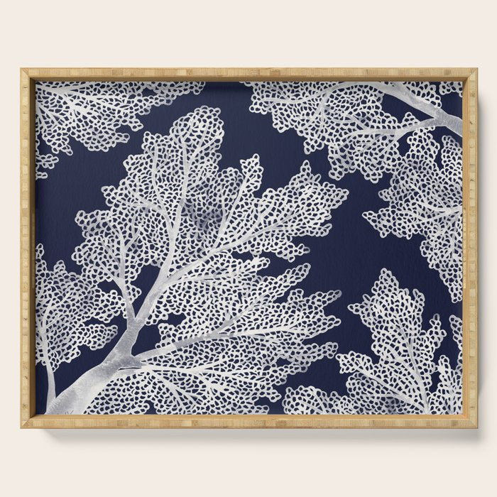 Sea Fan Coral - White on Navy Serving Tray Gallery Image 1