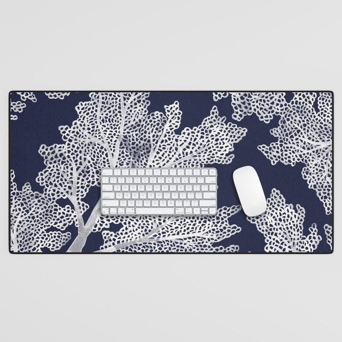 Sea Fan Coral - White on Navy Desk Mat Gallery Image 1