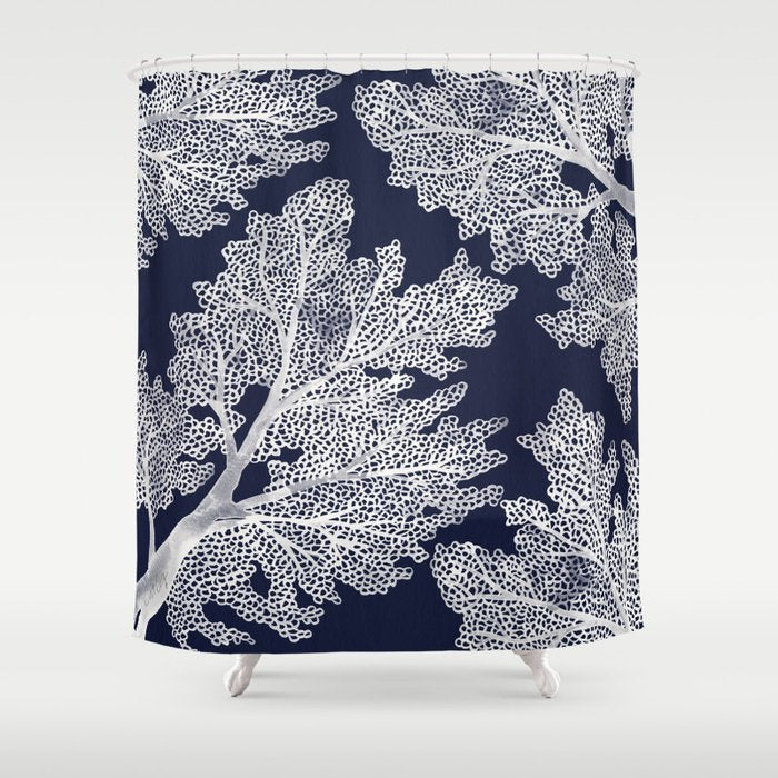Sea Fan Coral - White on Navy Shower Curtain Gallery Image 1