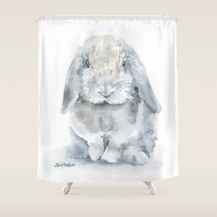 Gray Mini Lop Rabbit Watercolor Shower Curtain Gallery Image 1