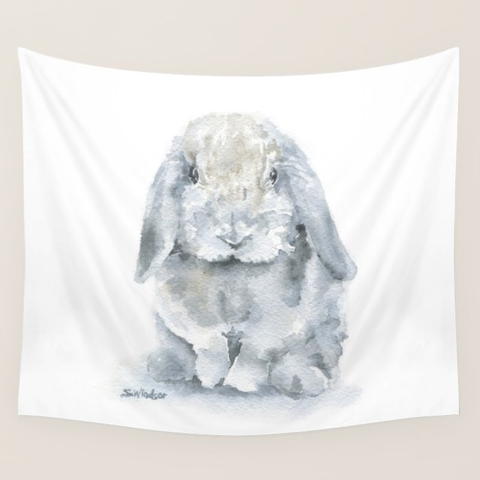 Gray Mini Lop Rabbit Watercolor Wall Tapestry Gallery Image 4