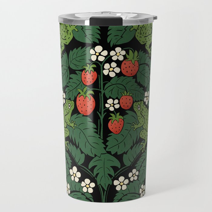 Bullfrogs And Wild Strawberries On Black Travel Mug Gallery Image 1
