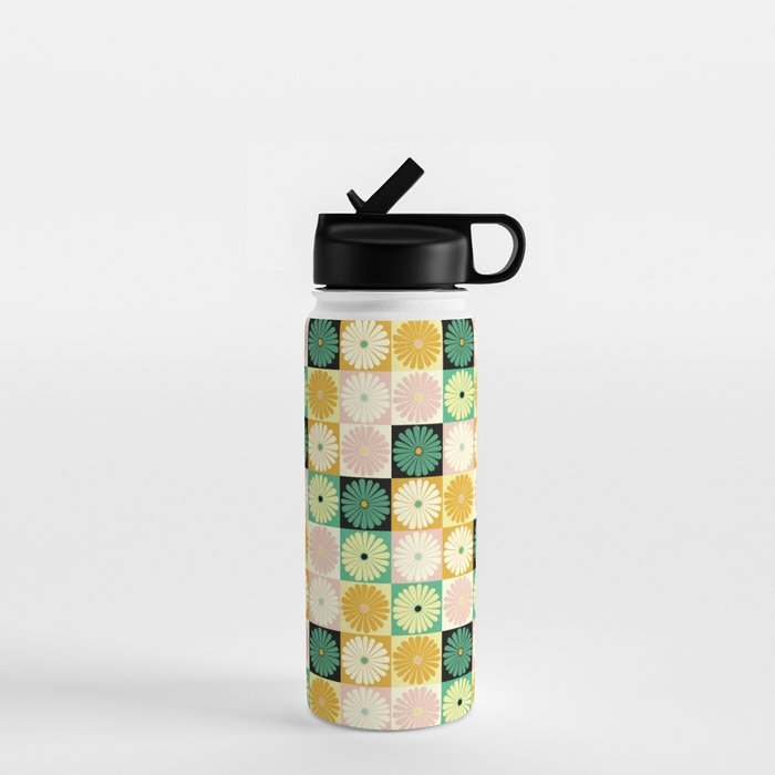 Retro Flowers Check Pattern XXV Water Bottle Gallery Image 1