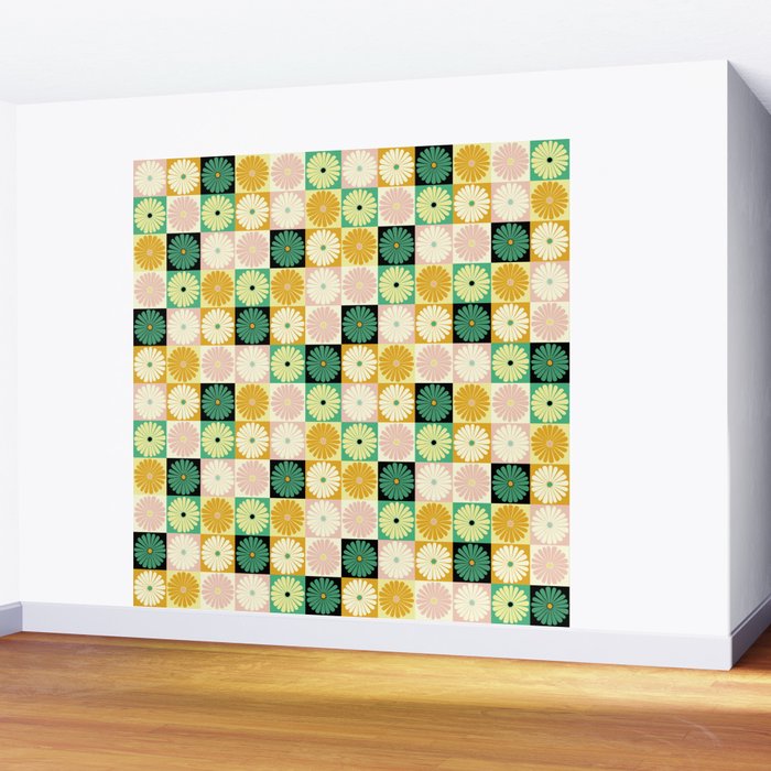 Retro Flowers Check Pattern XXV Wall Mural Gallery Image 2