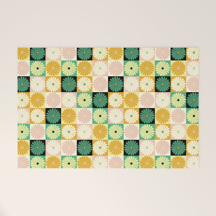 Retro Flowers Check Pattern XXV Welcome Mat Gallery Image 1