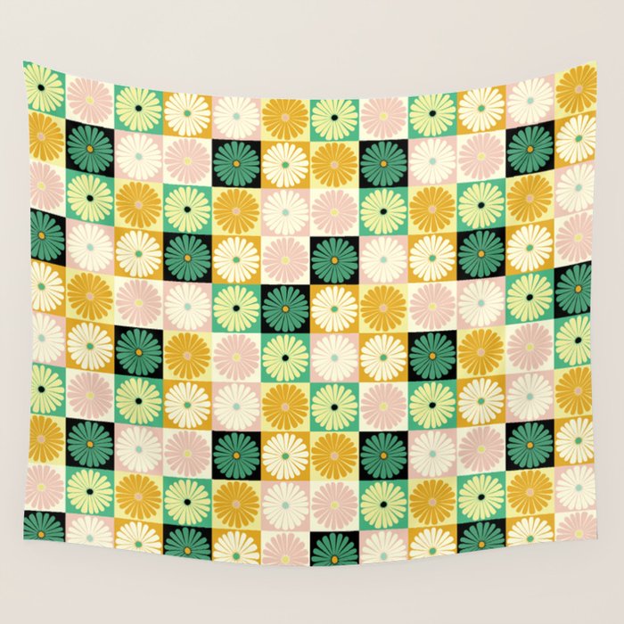 Retro Flowers Check Pattern XXV Wall Tapestry Gallery Image 4