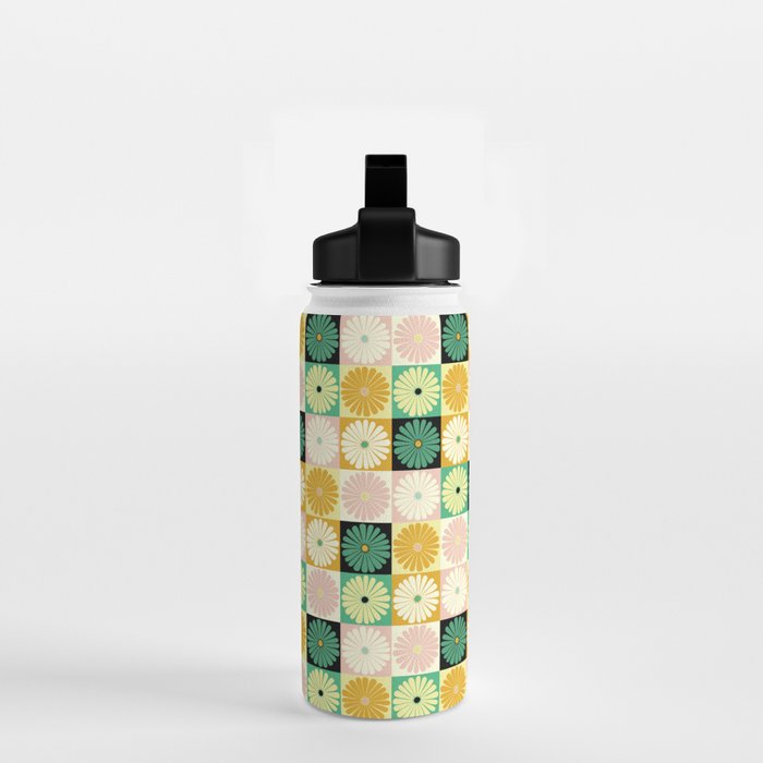 Retro Flowers Check Pattern XXV Water Bottle Gallery Image 2