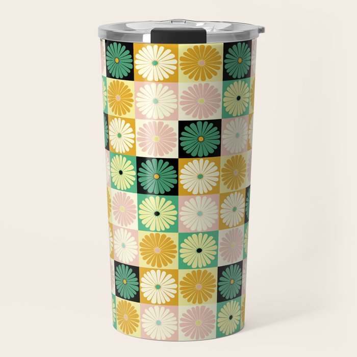 Retro Flowers Check Pattern XXV Travel Mug Gallery Image 1