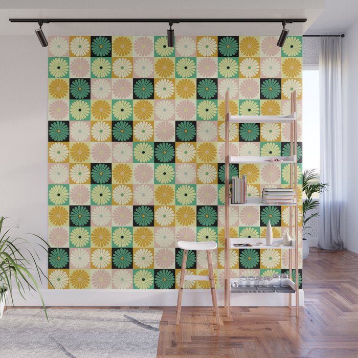 Retro Flowers Check Pattern XXV Wall Mural Gallery Image 1