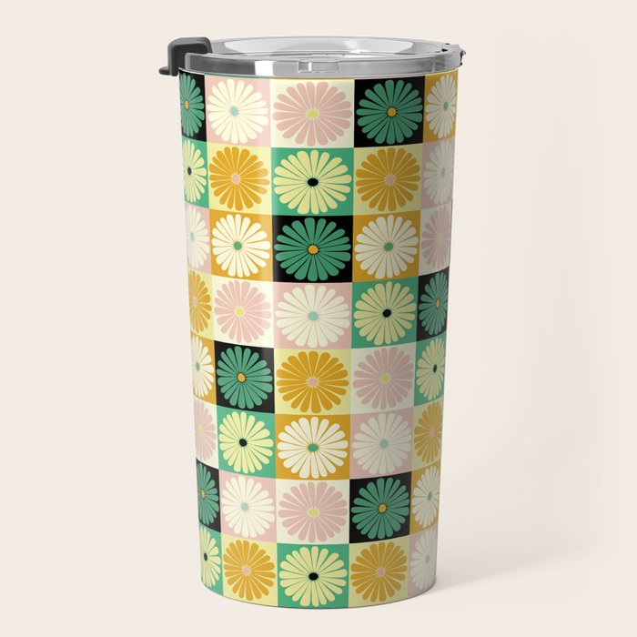 Retro Flowers Check Pattern XXV Travel Mug Gallery Image 3