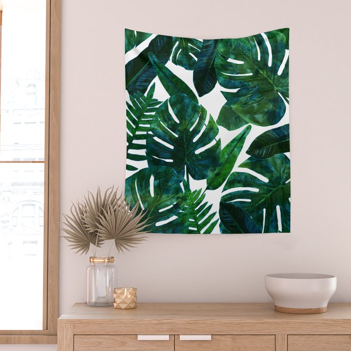 Tropical Nature Monstera Watercolor Painting, Botanical Jungle Dark Palm Illustration Wall Tapestry Gallery Image 2