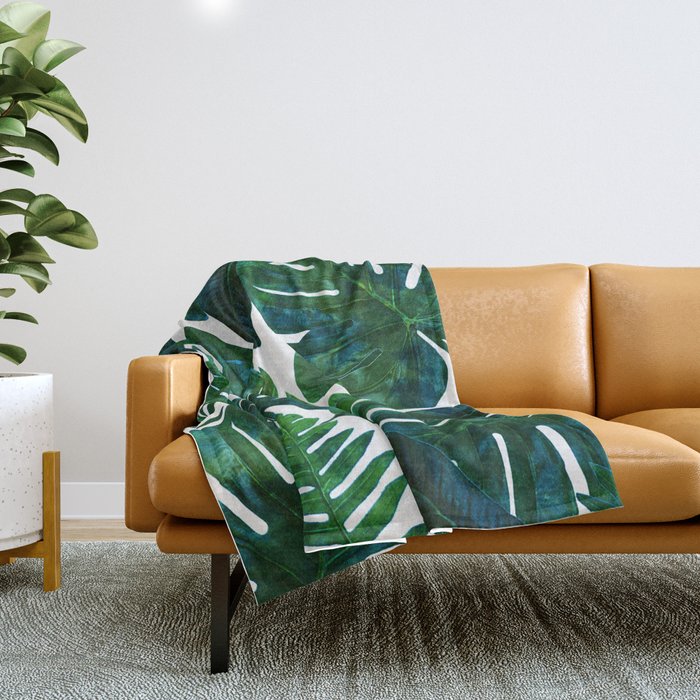 Tropical Nature Monstera Watercolor Painting, Botanical Jungle Dark Palm Illustration Throw Blanket Gallery Image 1
