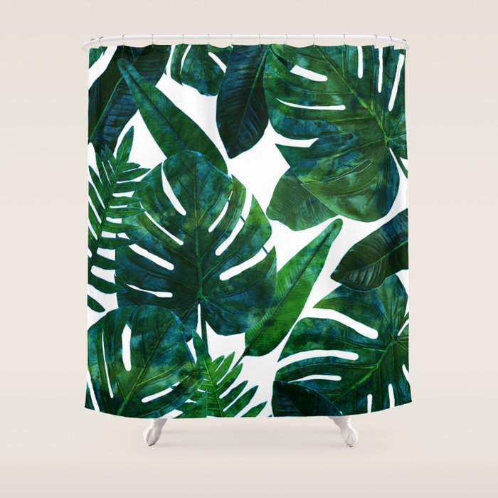 Tropical Nature Monstera Watercolor Painting, Botanical Jungle Dark Palm Illustration Shower Curtain Gallery Image 1