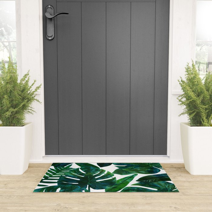 Tropical Nature Monstera Watercolor Painting, Botanical Jungle Dark Palm Illustration Welcome Mat Gallery Image 3