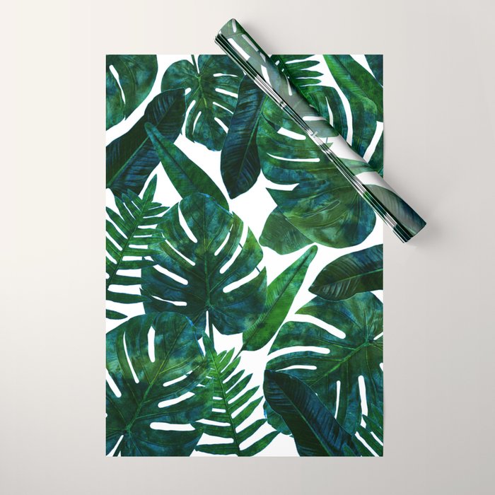 Tropical Nature Monstera Watercolor Painting, Botanical Jungle Dark Palm Illustration Wrapping Paper Gallery Image 1