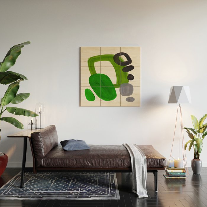 Minimalist Modern Mid Century Colorful Abstract Shapes Olive Green Retro Funky Shapes 60's Vintage Wood Wall Art Gallery Image 2
