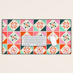Festive Quilt Pattern in Pink, Red And Green Desk Mat Gallery Image 1