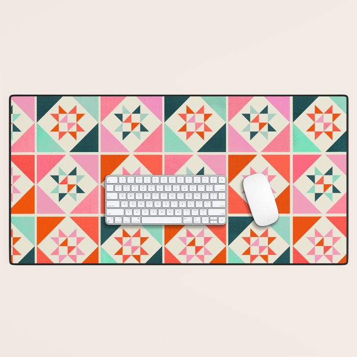 Festive Quilt Pattern in Pink, Red And Green Desk Mat Gallery Image 1