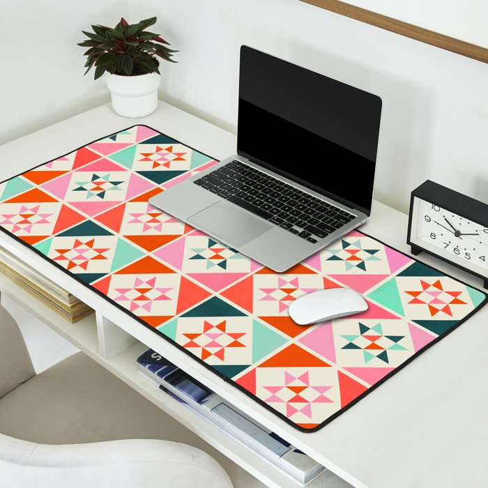 Festive Quilt Pattern in Pink, Red And Green Desk Mat Gallery Image 2