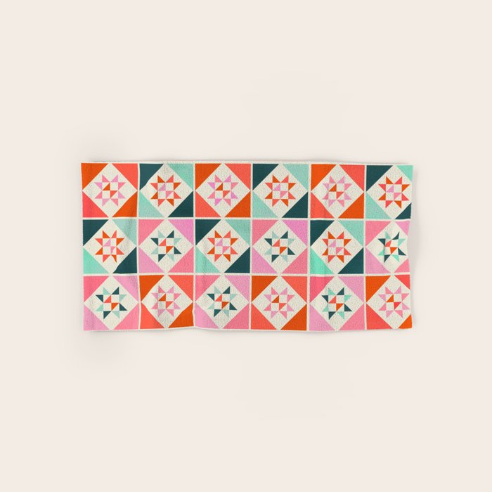 Festive Quilt Pattern in Pink, Red And Green Bath Towel Gallery Image 1