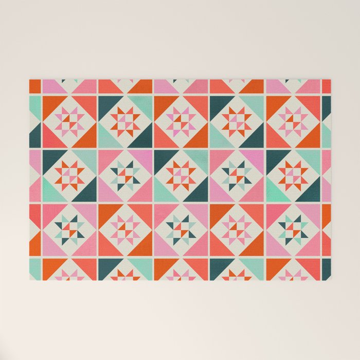 Festive Quilt Pattern in Pink, Red And Green Welcome Mat Gallery Image 1