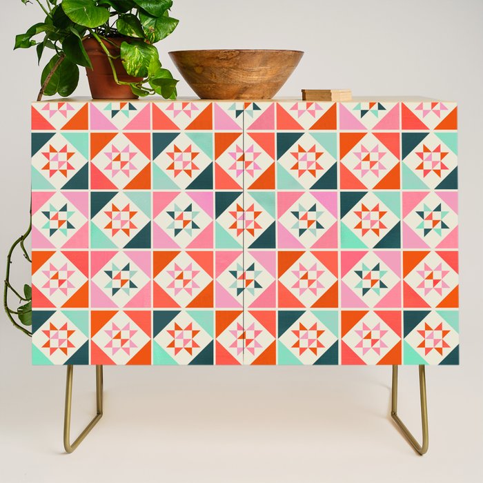 Festive Quilt Pattern in Pink, Red And Green Credenza Gallery Image 1