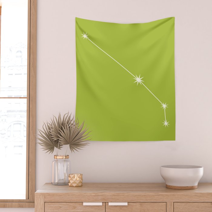 Aries Zodiac Star Constellation Line Art Chartreuse Green Wall Tapestry Gallery Image 2