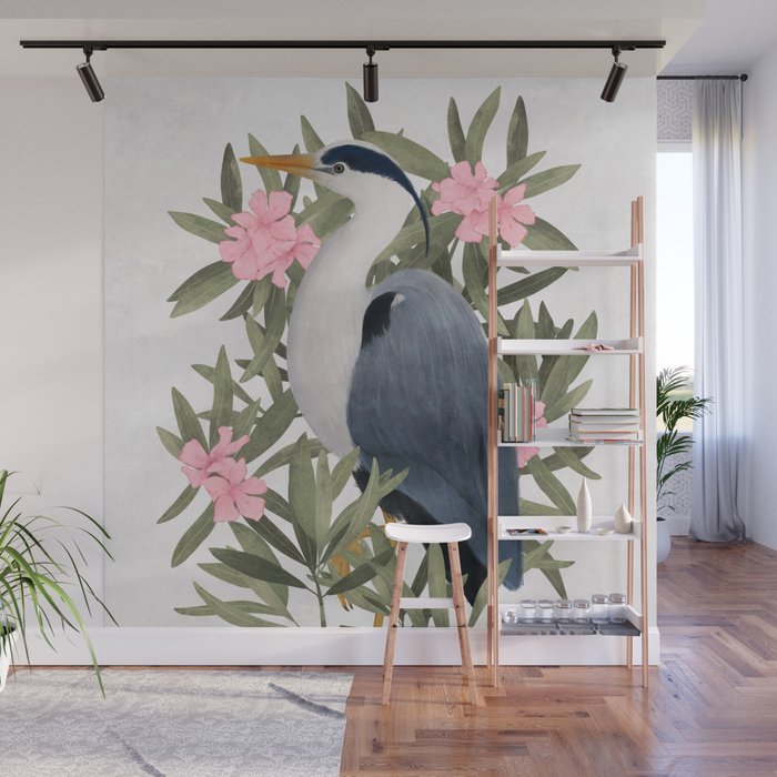 Gray heron and oleander plant - Wall Mural Gallery Image 1