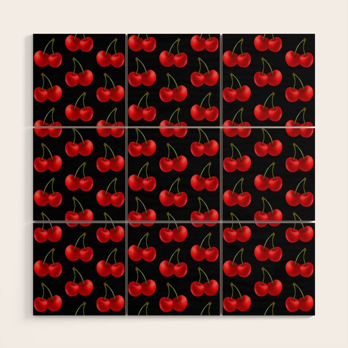 Y2K Cherries - Black Pattern Large Wood Wall Art Gallery Image 1