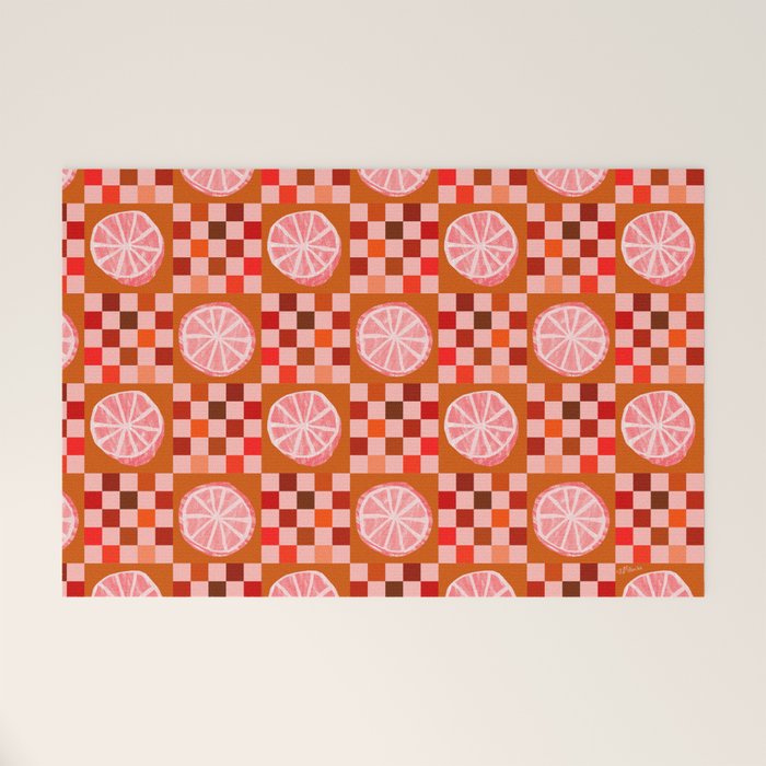 Checkered Sliced Citrus Fruit in Red & Peach Pink Welcome Mat Gallery Image 1