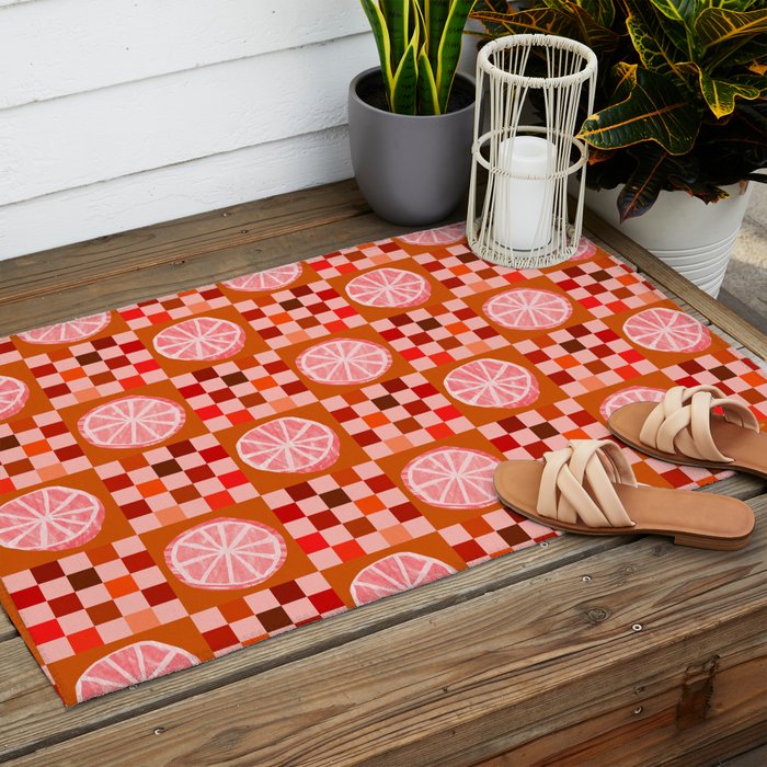 Checkered Sliced Citrus Fruit in Red & Peach Pink Outdoor Rug Gallery Image 2