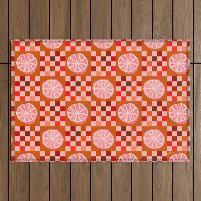 Checkered Sliced Citrus Fruit in Red & Peach Pink Outdoor Rug Gallery Image 1