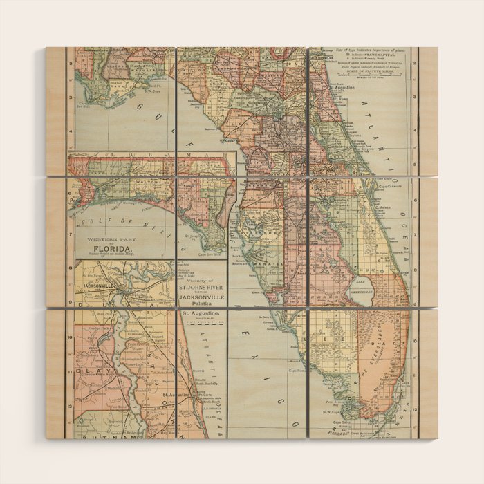 Vintage Map of Florida (1891) Wood Wall Art Gallery Image 1