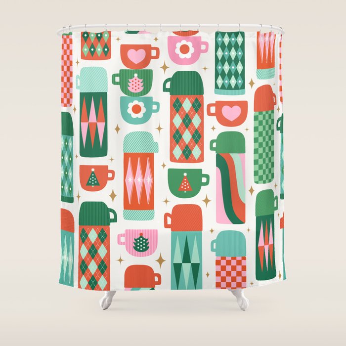 Retro Christmas Thermoses Red Pink and Green on White Shower Curtain Gallery Image 1