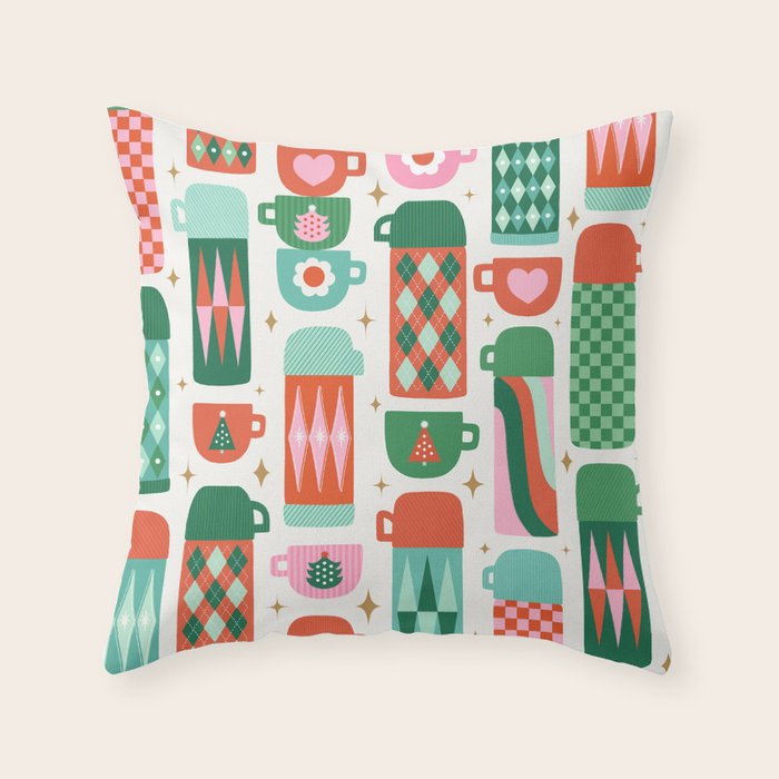 Retro Christmas Thermoses Red Pink and Green on White Throw Pillow Gallery Image 6