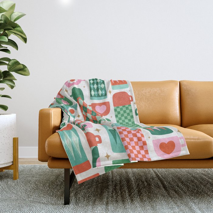 Retro Christmas Thermoses Red Pink and Green on White Throw Blanket Gallery Image 1