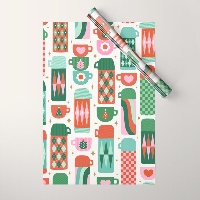 Retro Christmas Thermoses Red Pink and Green on White Wrapping Paper Gallery Image 1