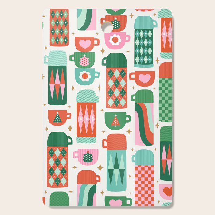 Retro Christmas Thermoses Red Pink and Green on White Cutting Board Gallery Image 1
