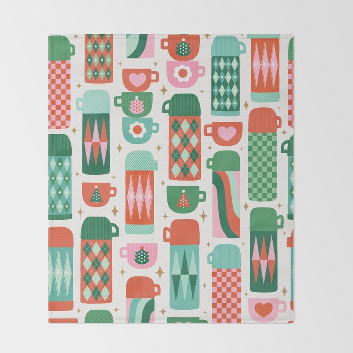Retro Christmas Thermoses Red Pink and Green on White Throw Blanket Gallery Image 2