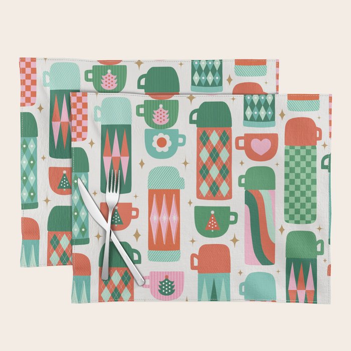 Retro Christmas Thermoses Red Pink and Green on White Placemat Gallery Image 1