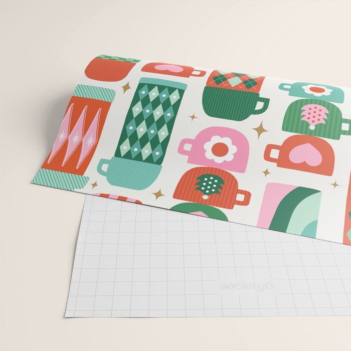 Retro Christmas Thermoses Red Pink and Green on White Wrapping Paper Gallery Image 2