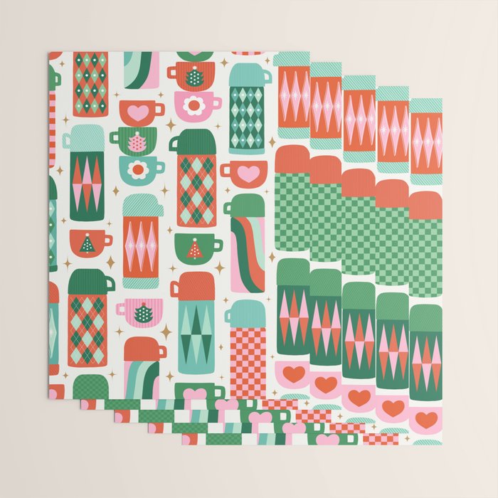 Retro Christmas Thermoses Red Pink and Green on White Wrapping Paper Gallery Image 3