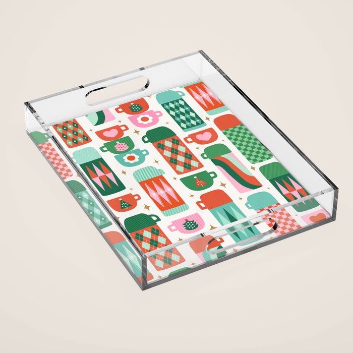 Retro Christmas Thermoses Red Pink and Green on White Acrylic Tray Gallery Image 1