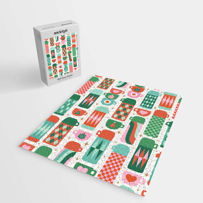 Retro Christmas Thermoses Red Pink and Green on White Jigsaw Puzzle Gallery Image 2